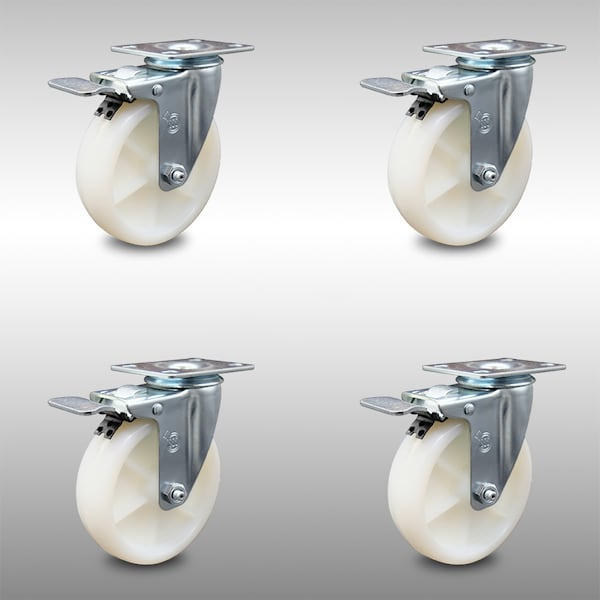 5 Inch SS Nylon Wheel Swivel Top Plate Caster Set with Total Lock Brake SCC